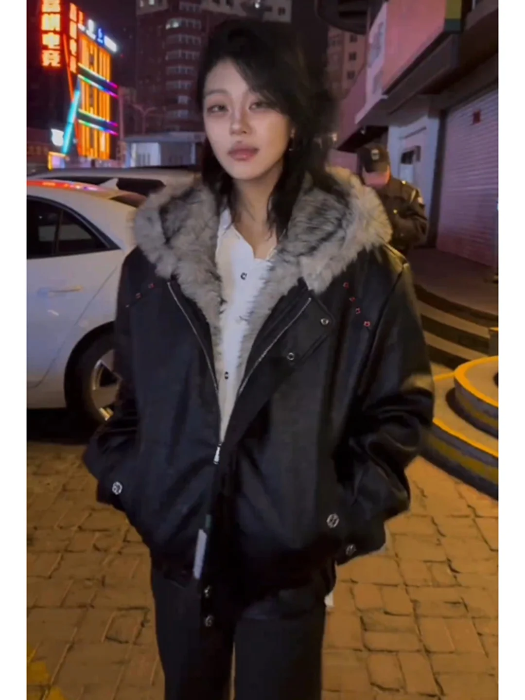 

Bla Wolf King PU Leather Biker Jaet Men's Winter Coat Fur Collar Cotton Jaet Stand Fit Long Sve Warm Thiened