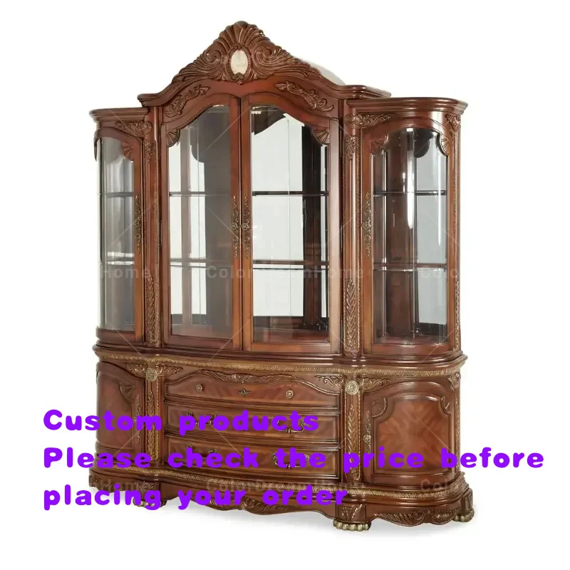Vitrine de présentation classique antique en bois massif et verre, meuble de salle à manger américain sculpté à la main