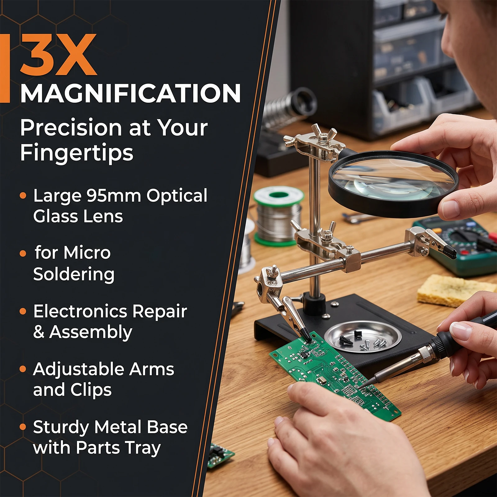 3X Magnifier Soldering Station Adjustable Soldering Helping Hands Precision Soldering Aids for Electronics Repair Jewelry Making
