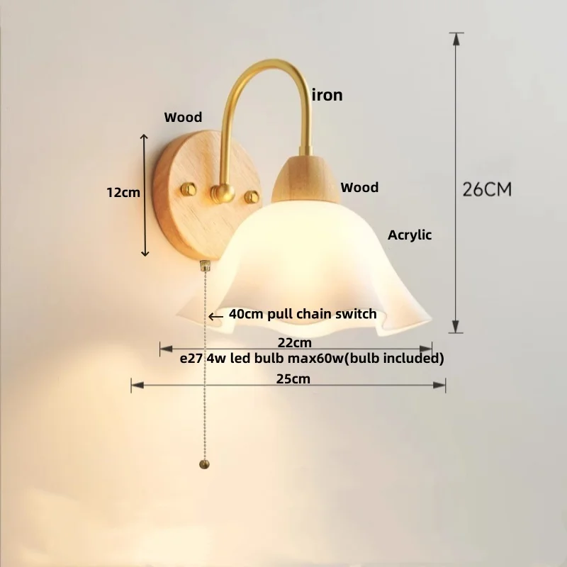 IWHD Acrylic LED Wall Light Fixtures Pull Chain Switch Bedroom Bathroom Hotel Simple Modern Wood Base Bedside Lamp Aplique Pared