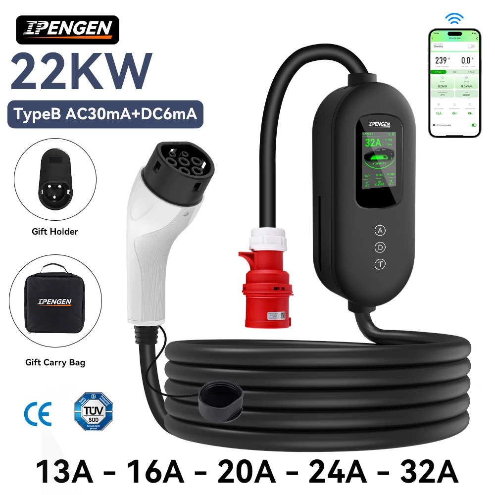 

IPENGEN TUV EV Portable Charger Type2 22kw EV Charger 32A 3 Phase 5m TPU Cable Evse Charging Wallbox IP65 Mobile App Control