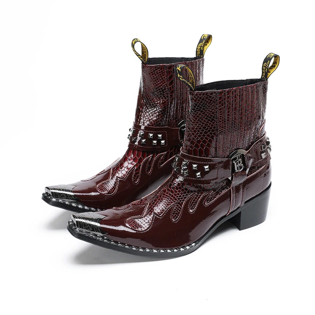 New Men's Genuine Leather Mid-Heel Riding Boots Slip-On Dress Shoes Punk Totem Studded Iron Toe Western Chelsea Boots