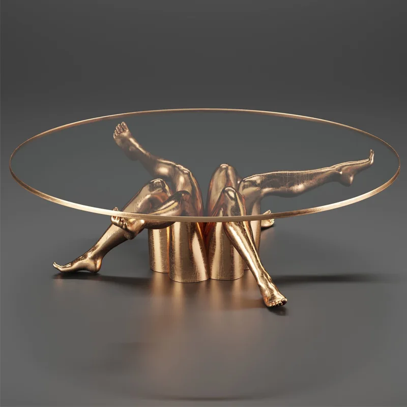 

Abstract creative beauty legs coffee table brass plated base round coffee table living room art coffee