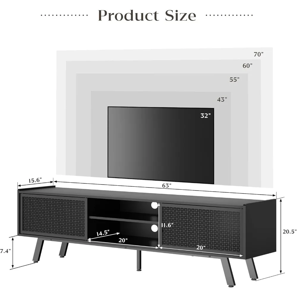 Modern Rattan TV Stand for 65-70 Inch TVs: Sliding Door Entertainment Center with Storage and Adjustable Features