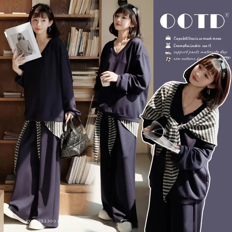 

2025 корейский стиль, наряд для беременных, осенняя толстовка с v-образным вырезом и брюки для отдыха, свободный крой, комплект из двух предметов для беременных, удобный