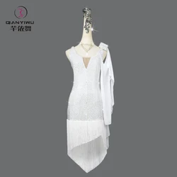 White Latin Dance Suit Competition Tassels Clothes Sexy Women Dresses Crystal Line Dancewear Girls Custom Female Samba Kid Skirt