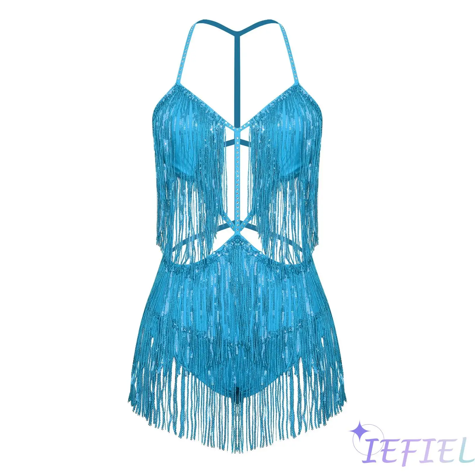 

Elegant Womens Belly Modern Dance Fringed Bodysuit Sequin Tassels Hollow Out Buttoned Crotch Backless Shiny Jumpsuit Dancewear