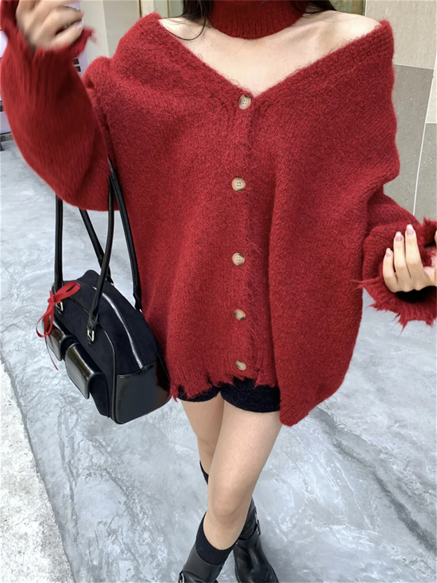 

PLAMTEE Red New Years Loose Sweaters Women Chic Knitwear Spring Oversize 2024 Fashion Casual Gentle Daily Warm Lazy Style Coats