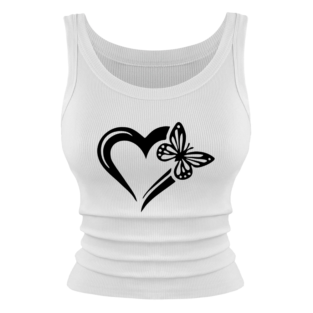 Damen-Tanktop mit Schmetterlings-Herz-Aufdruck, Sommer, Baumwolle, ärmellos, lässig, schmale Passform, weiches Tank-Shirt, Basic-O-Ausschnitt, elastisches Unterhemd