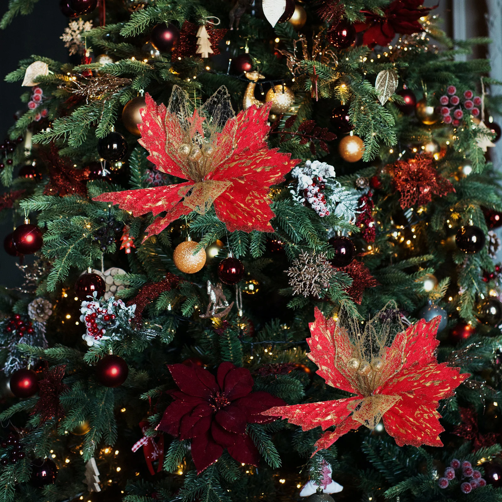 

2pcs Christmas Simulation Flower 20Cm Glitter Artificial Flower For Christmas Tree Decor Diy Wreath Holiday Party Decoration