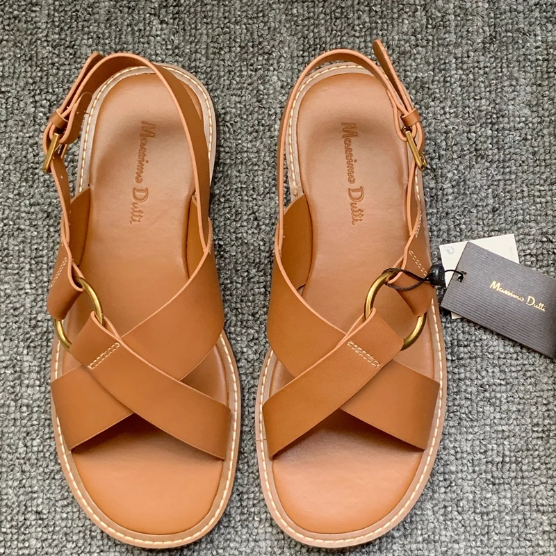 2024 Zomer Engeland Stijl Echt Lederen Vrouwen Sandalen Gekruiste Bandjes Gladiator Sandalen Voor Vrouwen Gouden Gesp Platte Sandalen Vrouwen