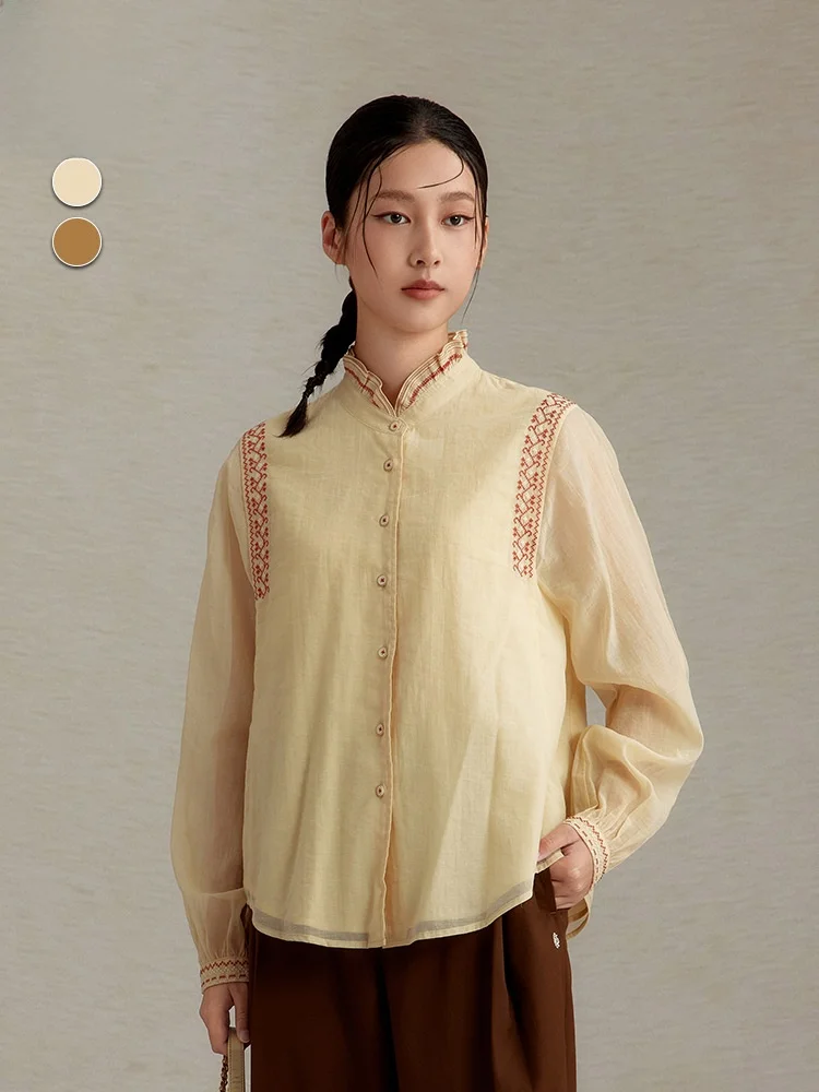 

Повседневная женская куртка с вышивкой, воротником-стойкой, длинная, желто-бежевого цвета, из хлопка и нейлона, для весны и осени