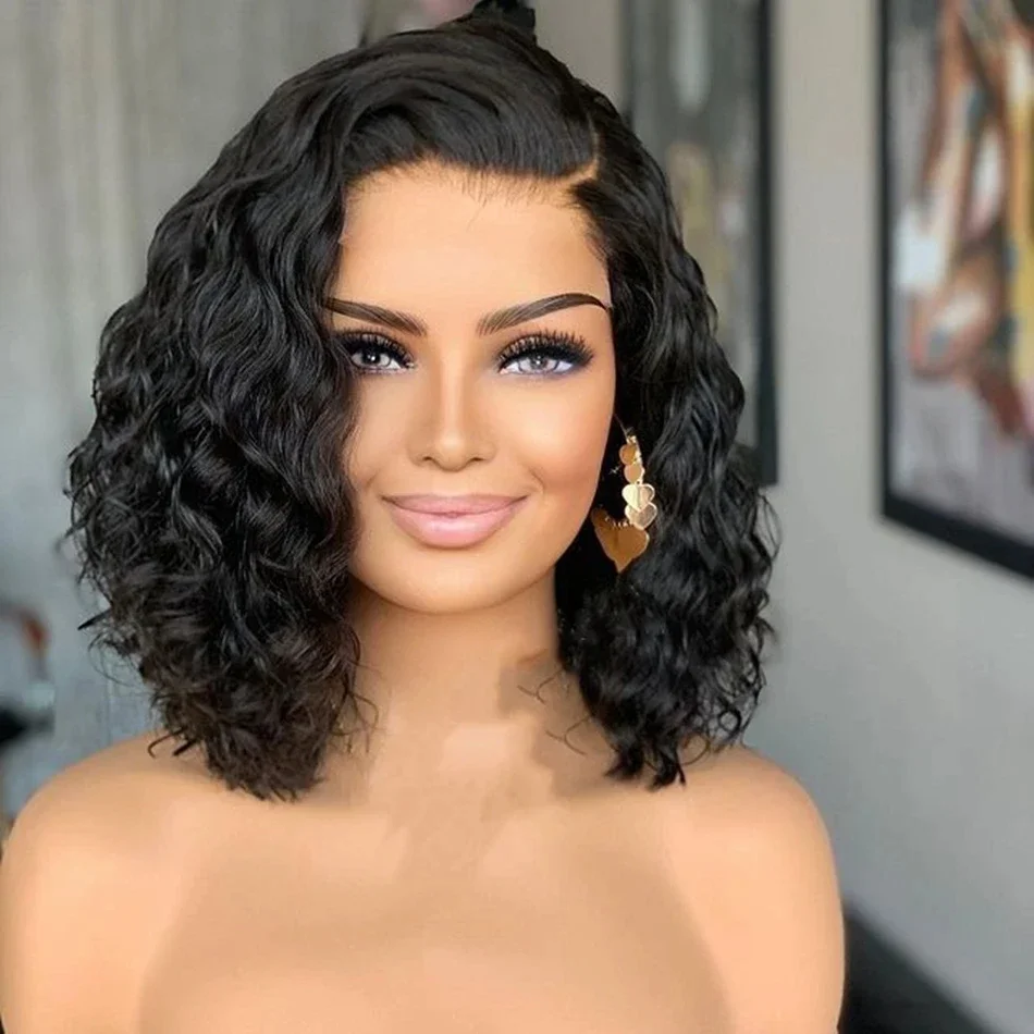 شعر مستعار قصير بدون صمغ أسود طبيعي 180 كثافة بوب غريب مجعد عميق باروكة أمامية من الدانتيل للنساء مع شعر أطفال يوميًا