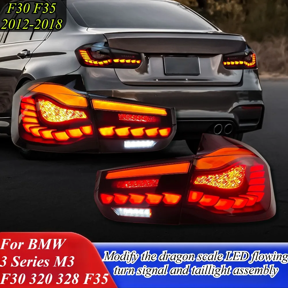 

For BMW 3 Series F30 F35 2012-2018 LED Tail Lights Assembly Dragon Scale Style Sequential Turn Signal Lamp Smoke Red Rear Lights