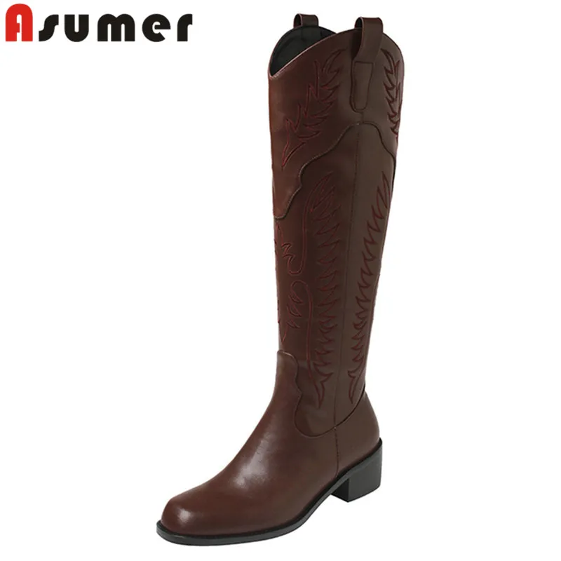 

ASUMER 2024 New Genuine Leather Embroider Over The Knee Boots Zipper Square Toe Winter Boots Square Med Heels Western Boots