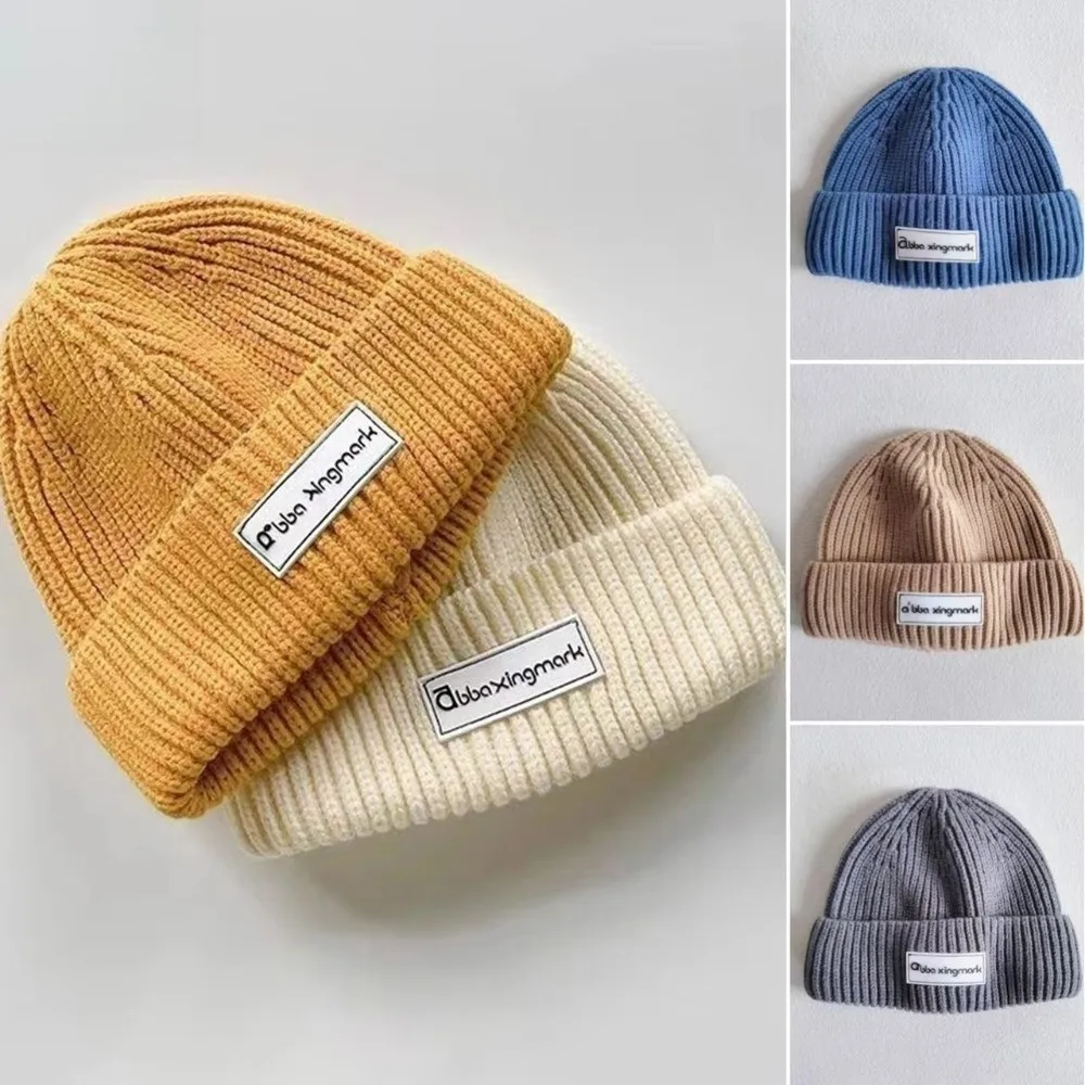 

Fashion Letter Label Beanie Cap Warm Solid Color Toddler Knitted Hat Windproof Winter Cap Autumn Winter