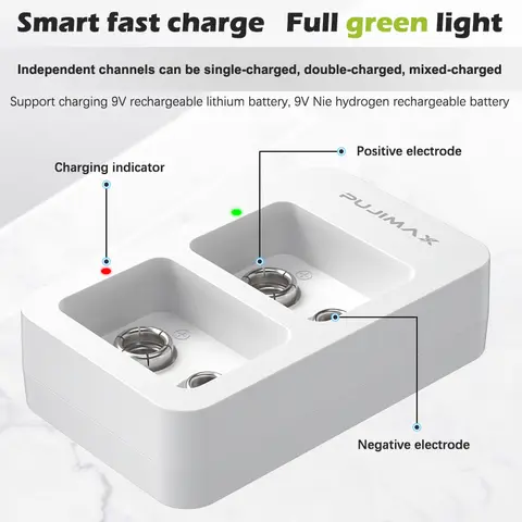1Pc 2-Slot 9V Battery Charger Smart Fast Battery Charger With LED Indicators USB Cable For 1-2 9V NiMH Rechargeable Batteries