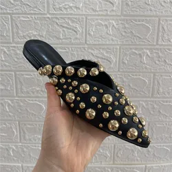 Punk Style Women Slippers Rivets Studded Summer Gladiator Sandals Runway Flat Beach Shoes Ladies Slides Black Pointed Toe Mules