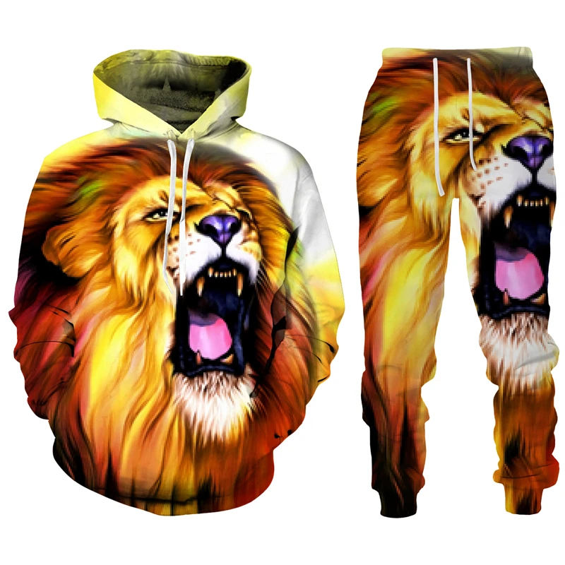 Trend Animal The Lion 3D Print Men\'s Tracksuit Sets Casual Hoodie And Pants 2pcs Sets Oversized Sweatshirt Fashion Men Clothing