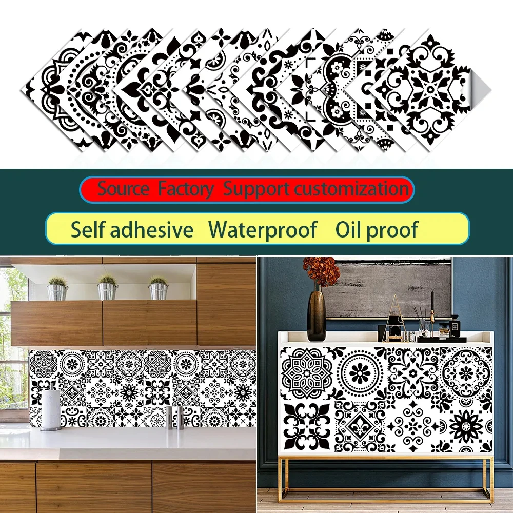 16pcs/set Black White Tiles Sticker Kitchen Backsplash Wardrobe Bathroom Waterproof Peel & Stick Bright Film Art Wall Decals