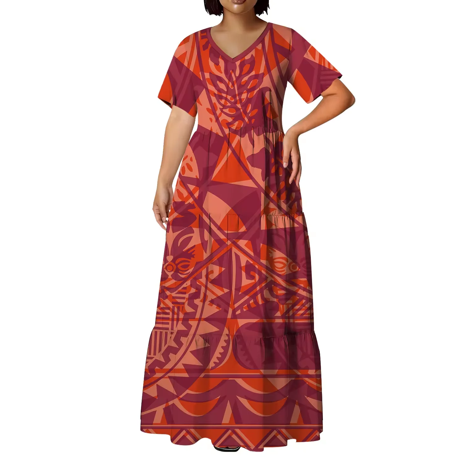 

Оптовая продажа с фабрики: Новое женское платье с коротким рукавом в полинезийском стиле, с V-образным вырезом, многоярусными оборками, для выпускного вечера, Новая Зеландия