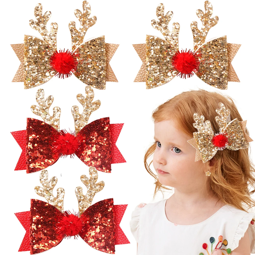 

4pcs/set Cute Christmas Antlers Glitter Bow Hair Clips for Baby Girls Hairpin Barrettes Headwear Hair Accessories New Year Gift