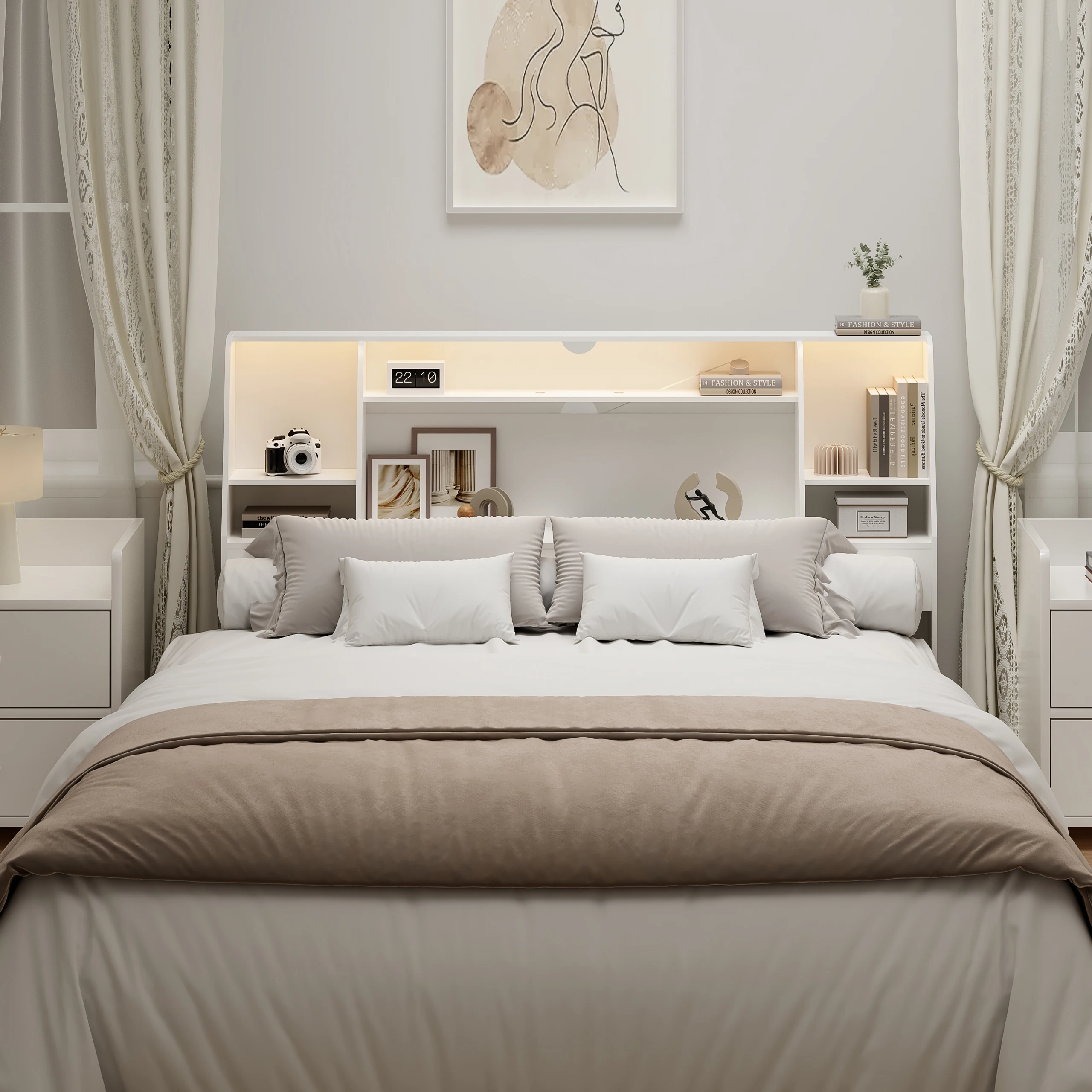 Bookcase Headboard with LED Li - Bookcase Wood Shelf recension och pris