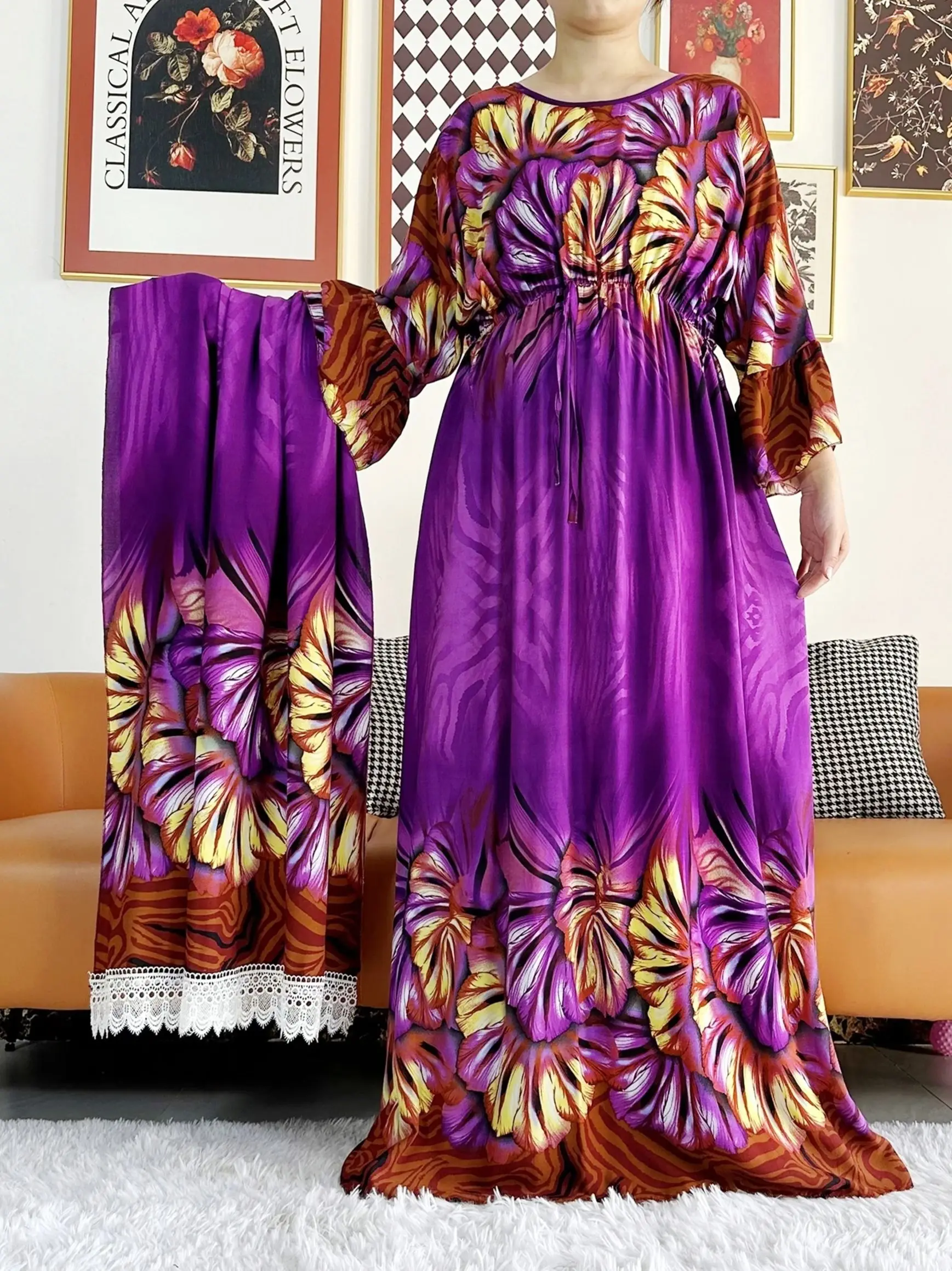 

New African Lady Party Dress Long Sleeve Cotton Printed Loose Floral Boubou Maxi Islam Women Short Sleeve Abaya with Big Scarf