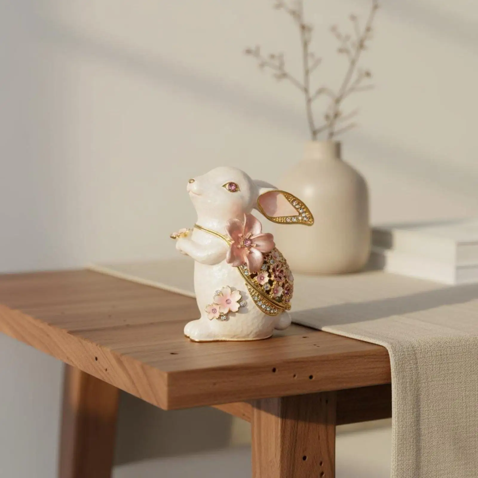 Enamel Rabbit Trinket Box Jeweled Accents Home Decor Zinc Alloy for Vanity