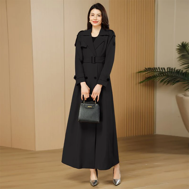 

Black Long Coat - Office Daily Wear 2026, Women's Casual Spring Autumn High-End Elegant Slim Fit Waist-Cinching Outerwear
