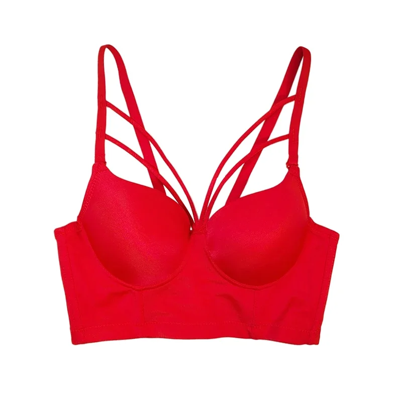 

Sexy V-neck Backless Push Up Women Bra with Underwire Fixed Triangle Cup Fishbone Lingerie Y-line Straps Underwear Bralette