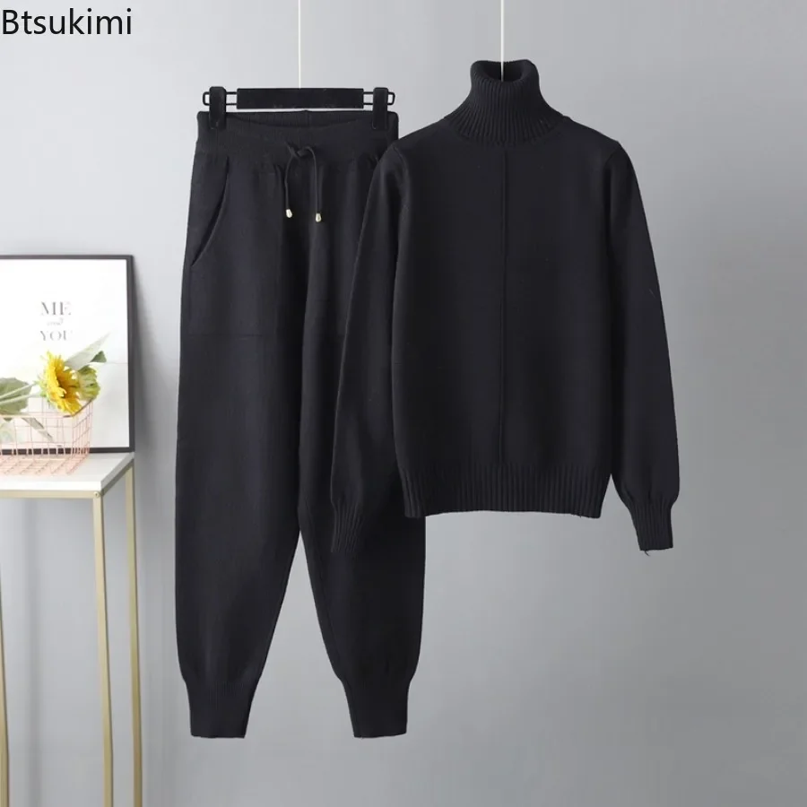 2024Women\'s Casual Warm 2PCS Knitted Tracksuit Sets Solid Autumn Winter Cashmere Turtleneck Sweater and Harem Pant Sets Outfits