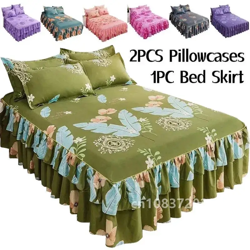 Lace Trim Trilateral Heightening Bed Skirt Pillowcase Three-piece Set Anti-slip Mattress Cover Soft Comfortable Cotton Double