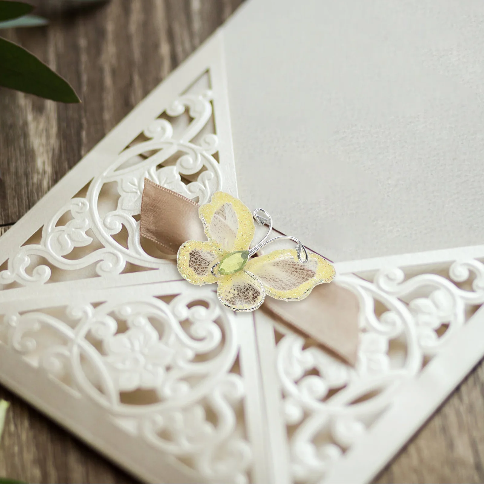 50pcs Sheer Mesh Wire Glitter with (Yellow) Wired butterfly decorative butterfly Wedding favor butterfly