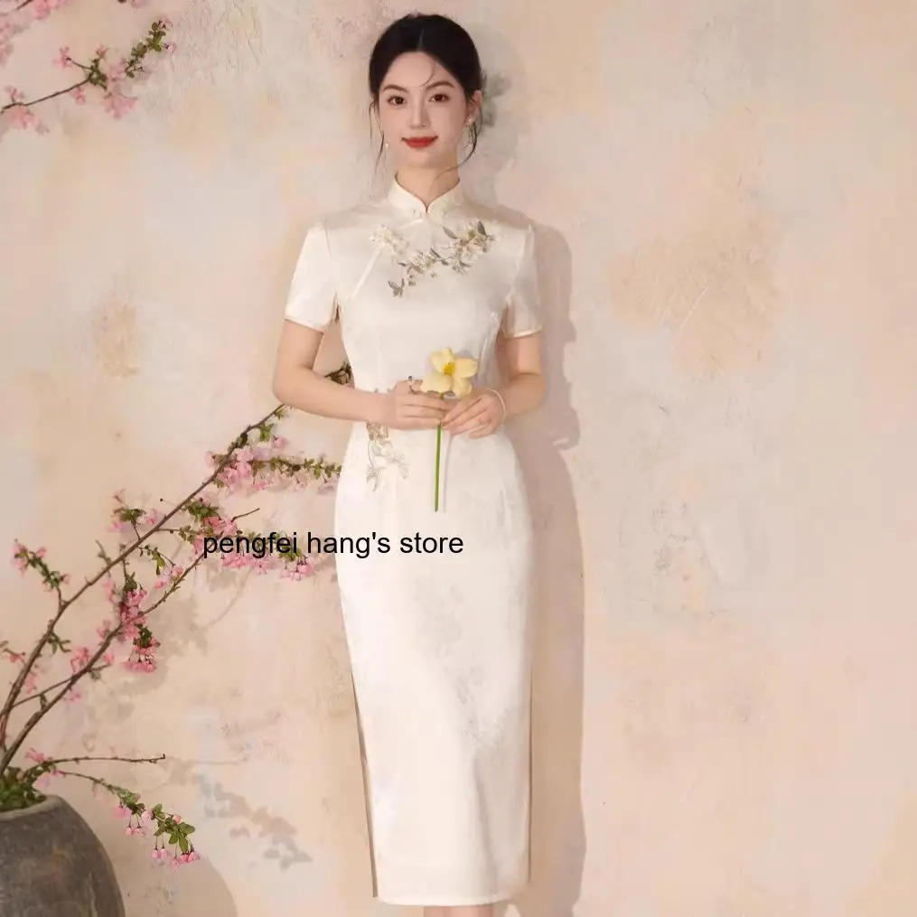 Double Layer Embroidery Jacquard Cheongsam Spring Summer New White Three Quarter Sleeve Qipao Acetate Fabric Low Split Vestidos