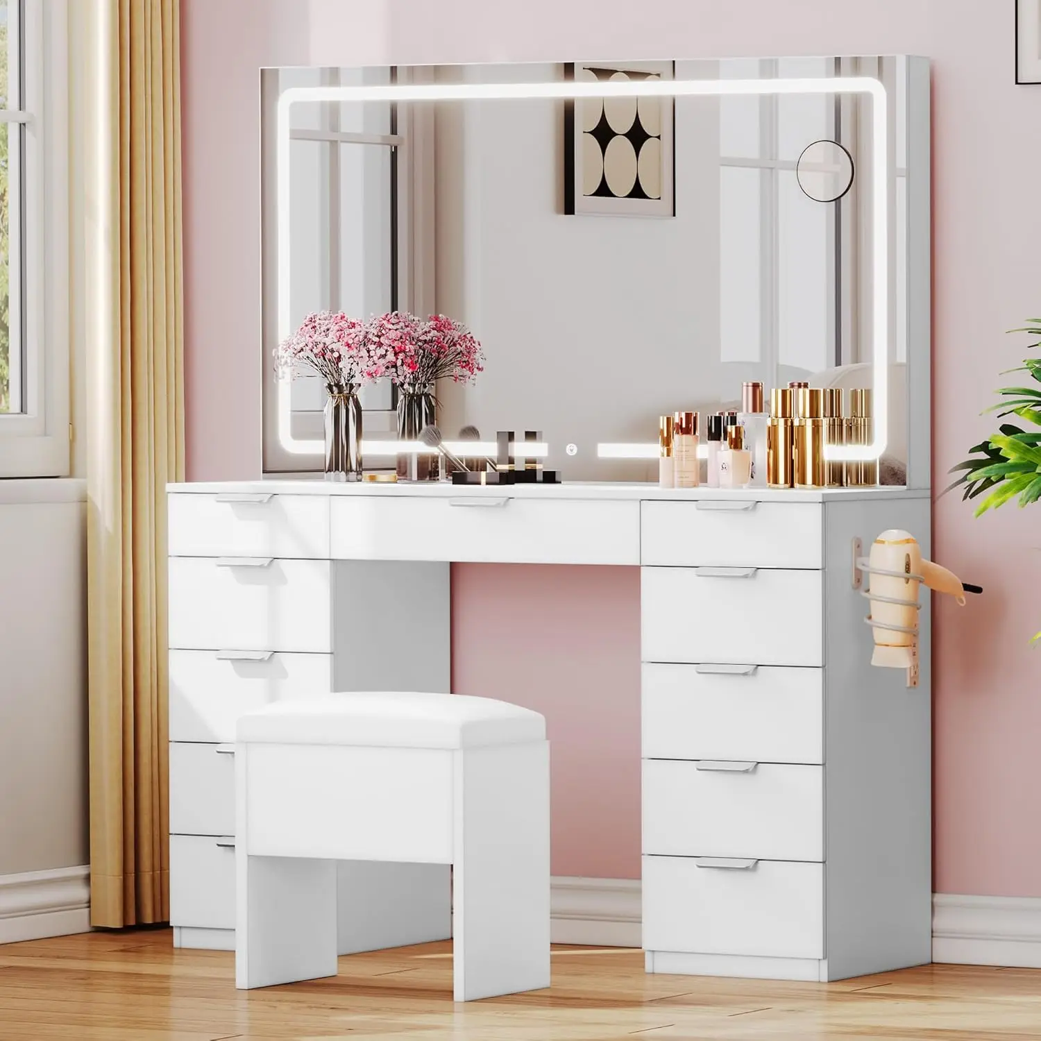 Dwvo Vanity Desk With Led-Lit Mirror & Lights, 46'' Makeup Vanity Set With Power Outlet And 11 Drawers, Magnifier, Dressing