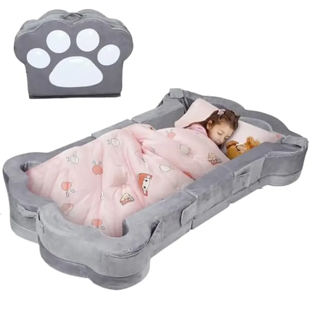 Portable Folding Toddler Travel Bed Kids Soft Safe Floor 1-5 Years Unique Cat Claw Design Washable Grey 55.5*28*7.1in 8.6lbs