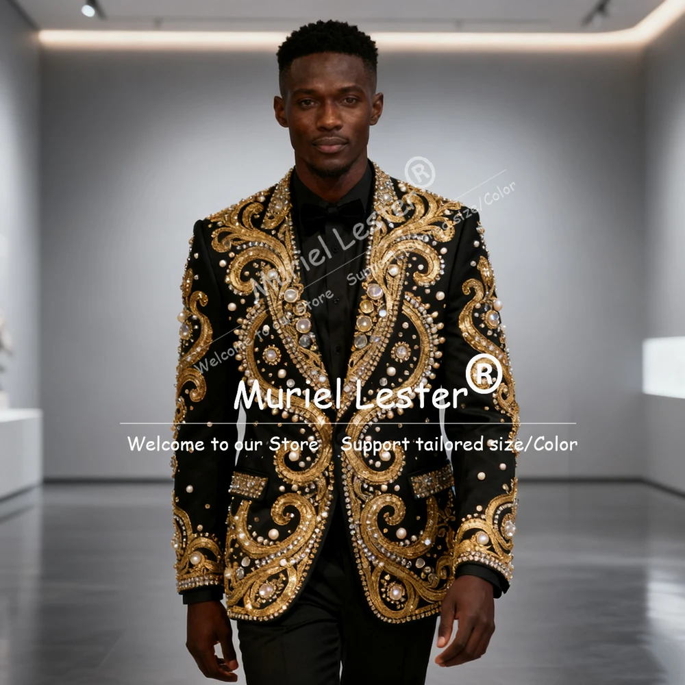 

Exclusive Crystals Beaded Suits Men For WedingSingle Breasted Blazer Pants 2 Pieces Set Man Banquet Attire Groom Tuxedo Outfits