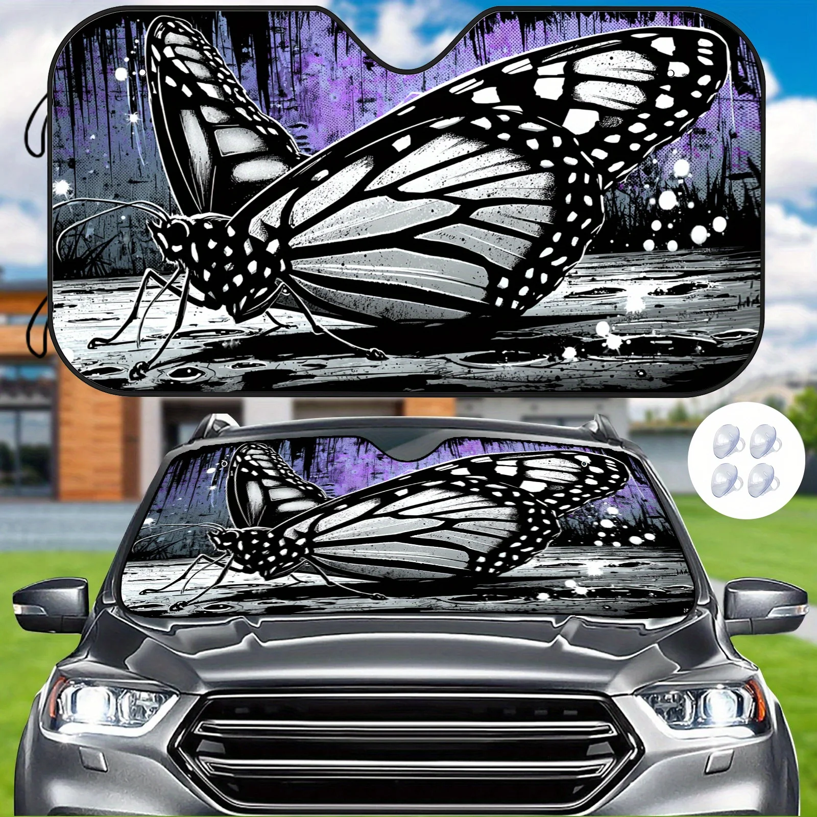 Black And White Doodle Butterfly Car Windshield Sunshade, Street Art Style, Heat Insulating And Temperature Stabilizing To Main