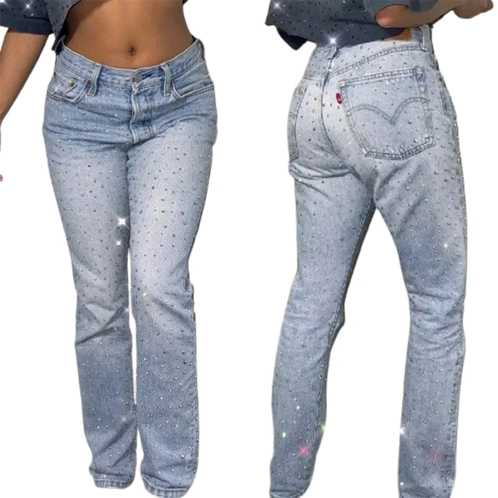 Fashion Rhinestone Sequin Jeans Y2K Pants Womens Gothic Hip Hop Pocket Embroidery Retro Blue Jeans High Waist Wide Leg Trousers