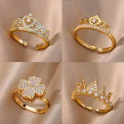 Zircon Crown Rings For Women Stainless Steel Gold Color Vintage Crown Open Ring Wedding Aesthetic Jewelry Gift bijoux femme