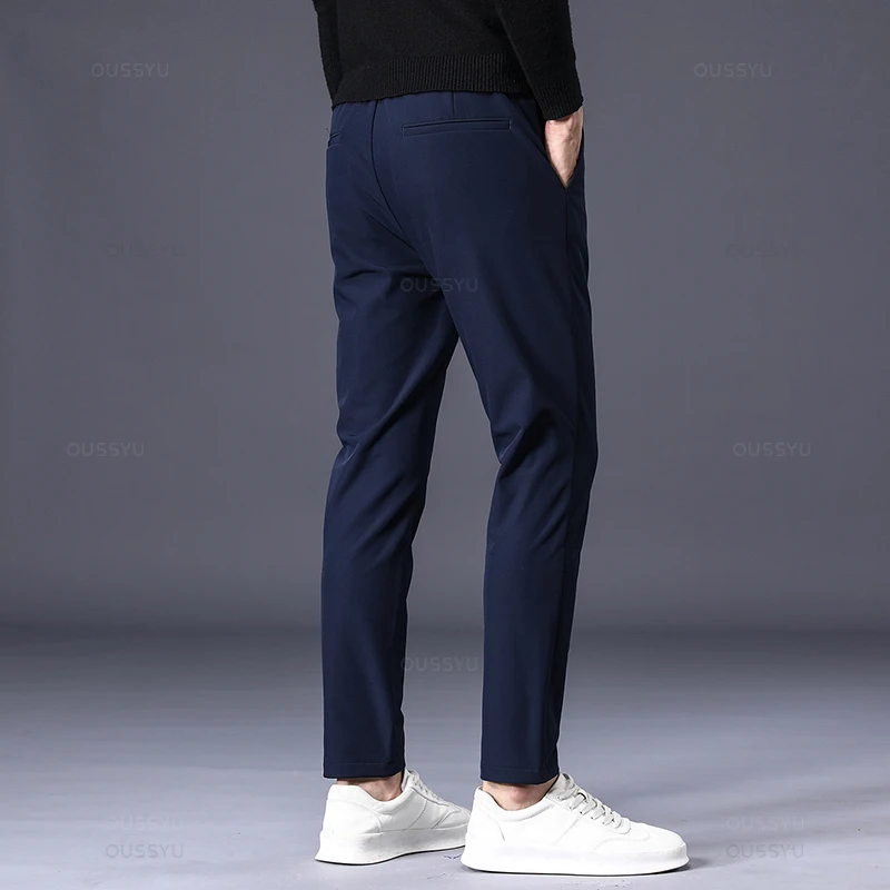 Winter Warm Men\'s Fleece Pants Thick Business Stretch Slim Fit Elastic Waist Jogger Korean Classic Black Gray Blue Trousers Male