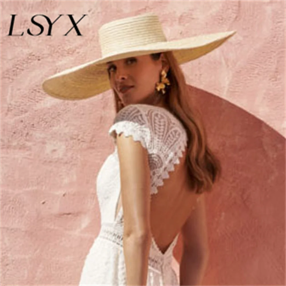 LSYX Chiffon A-Line V-Neck Lace Cut Out Beach Wedding Dress Cap Sleeves Floor Length Open Back Bridal Gown Boho Robe De Marie