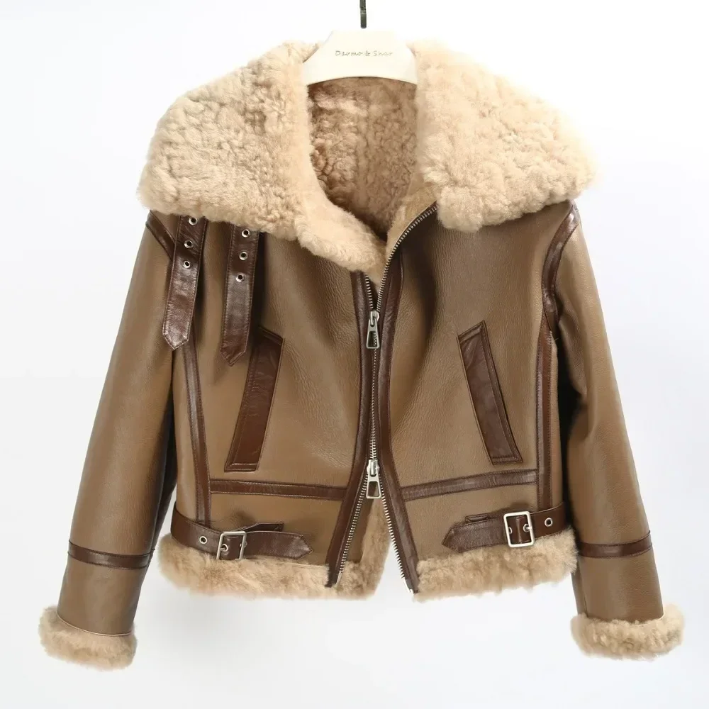 Nature Lamb Real Fur Coat Wholo Leather Bazaar Short Warm Coats Women's Motorcycle Leather Jackets 2024 Winter Jacket Women