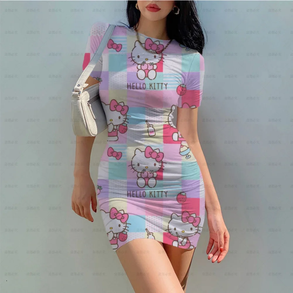 Hello Kitty 3d Bodycon Mini Jurken Voor Vrouwen Korte Mouw O-Hals Jurk Sexy Dames Nachtclub Dragen Slanke Jurken Mode Roze