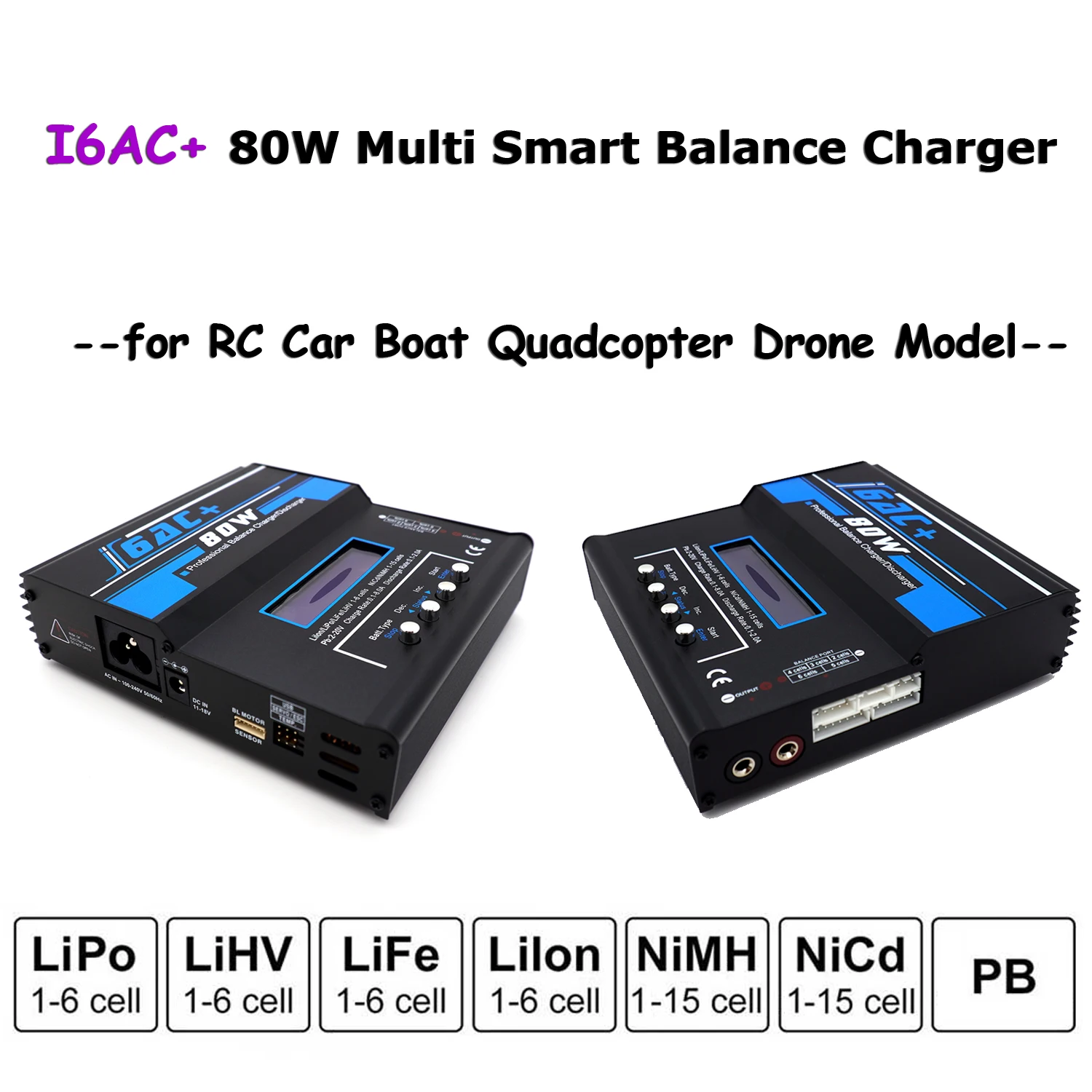 

Multi Charger I6AC 80W Professional Balance Charger /DisCharger with Adapter US/EU Plug for RC Car Boat Drone FPV Model Battery