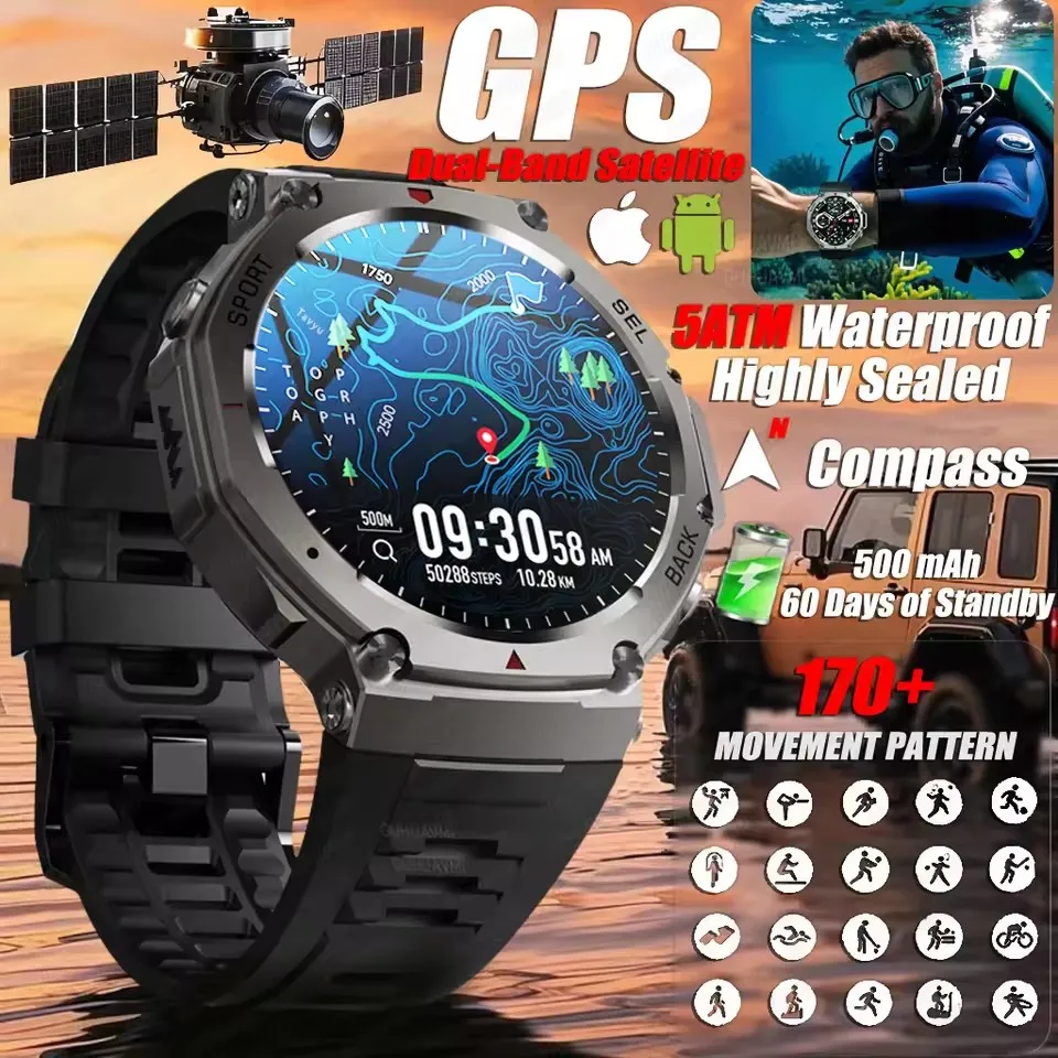 

T-Rex GPS Smart Watch 1.43"Ultra AMOLED Full Touch Screen 5ATM Waterproof 500mAh High Battery Compass 170+ Sports Modes For Men