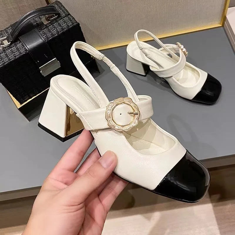 Clear Heels Square Toe Mary Jane Bow Shoes Luxury Sandals 2024 Summer Shallow Mouth Suit Female Beige Fashion High Girls Retro C