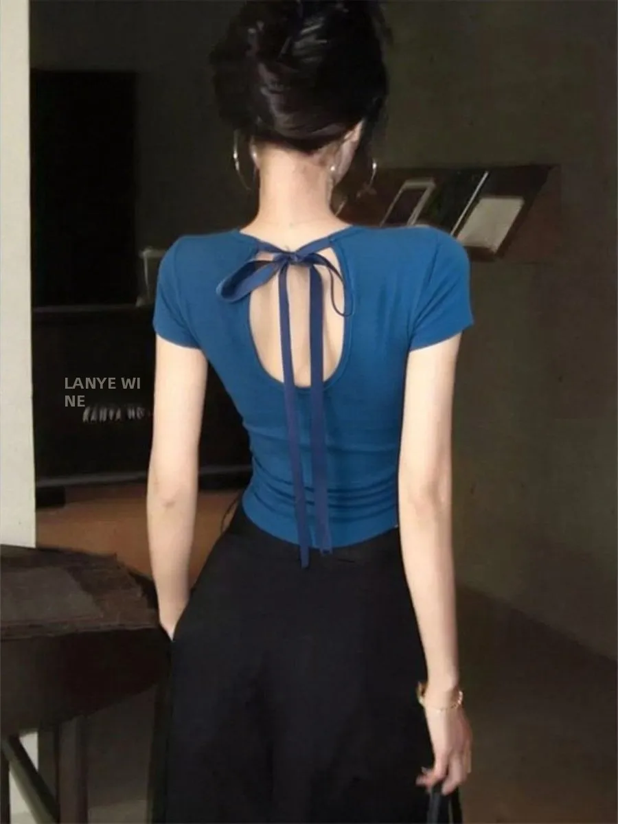 Blue Hollow out Short Sleeve T-Shirt Women's  Knot Waistband Slim Fit Summer New Style Spicy Girl High End Feeling S...