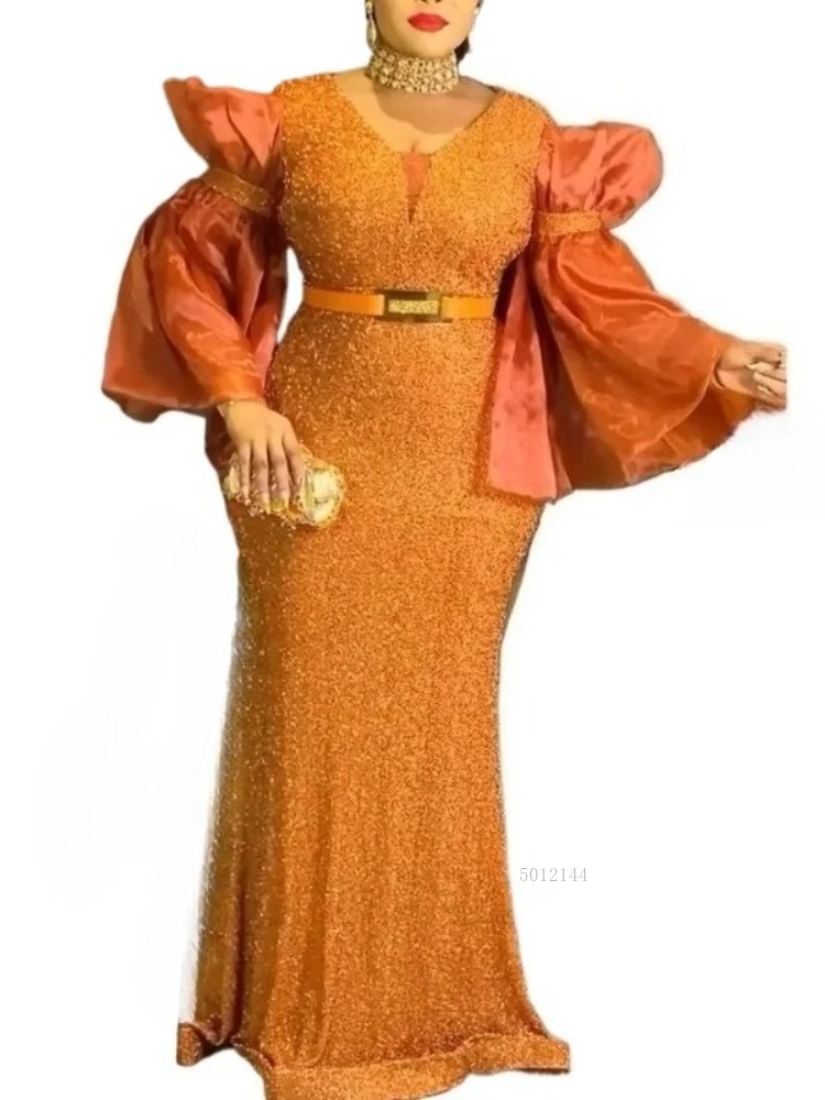 

New African Dresses For Woman Plus Size Sequins Maxi Dress V Neck Gown Oversized Bell Sleeves Party Wedding Bubu Africa Clothing